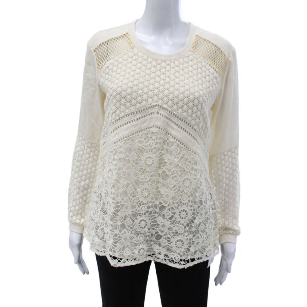 Madison Marcus Women Basic Ivory Silk Blouse Long Sleeve Round Neck Boho Size S